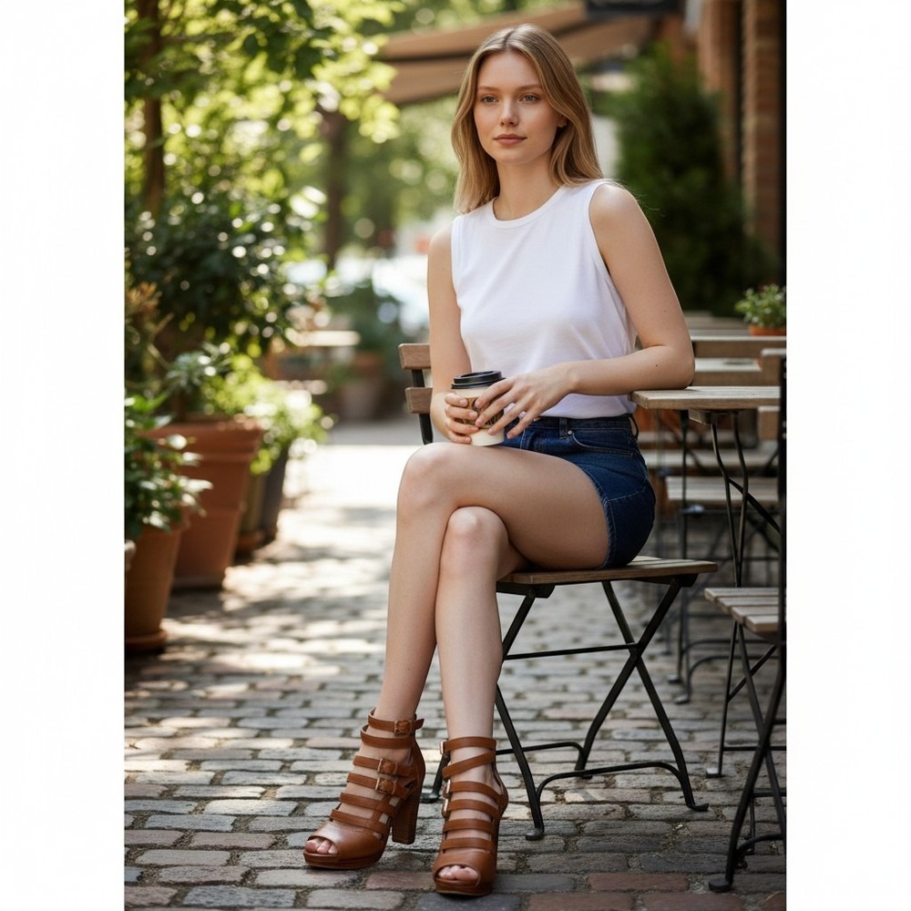 Michael Kors Tan Leather Strappy Gladiator Platform Heels Brown Gold Buckle 9.5M - Picture 8 of 10